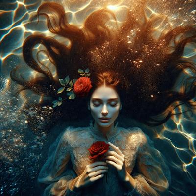 The primary subject of the image is a woman with long, flowing hair. She is holding a rose in her hand and has a flower in her hair. The setting is underwater, with the woman surrounded by water and bubbles. The visual style is a digital art, creating a surreal and dreamy atmosphere. The colors are predominantly blue and red, with the blue water and red rose creating a striking contrast.